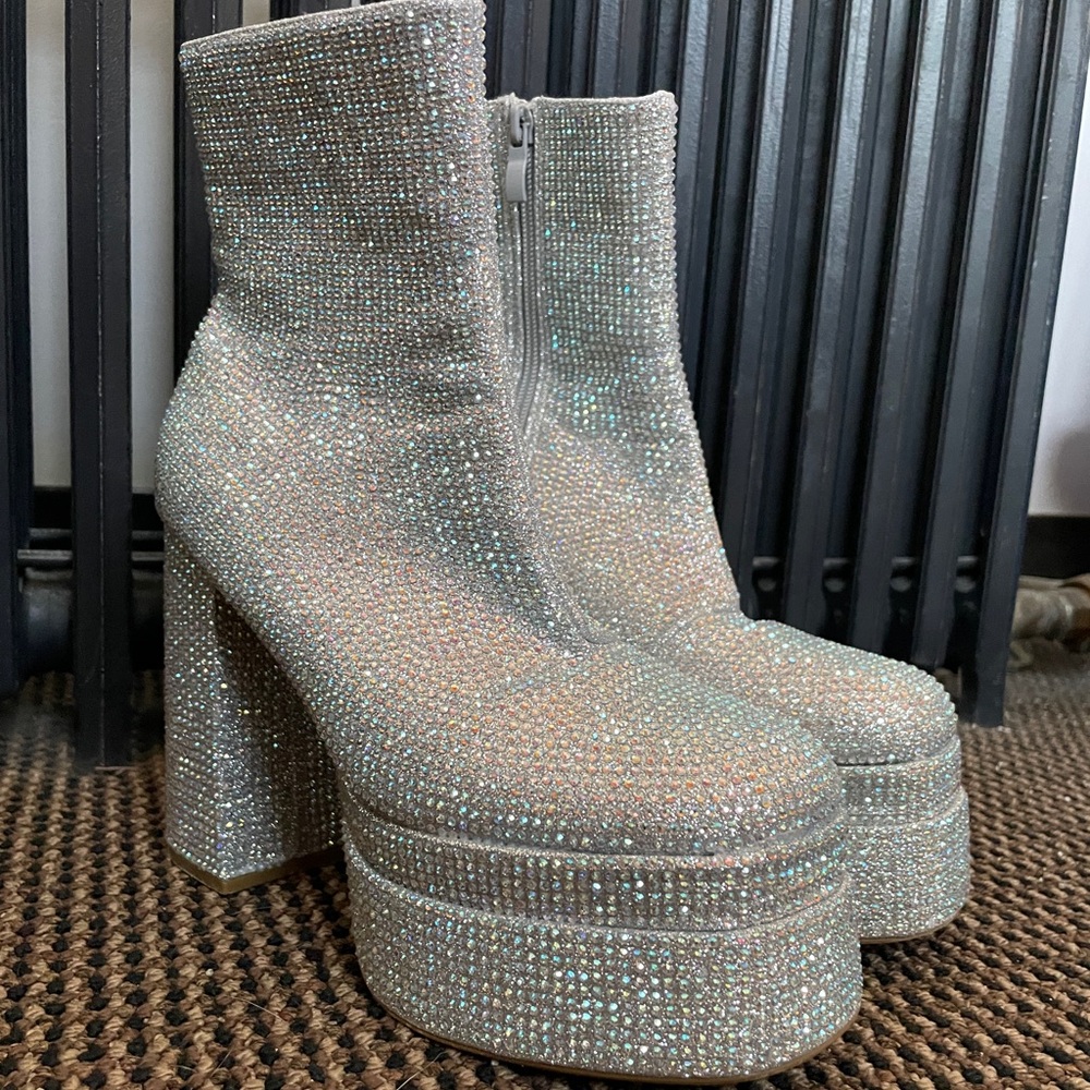 Silver holo rhinestone platform ankle boots size 8.5